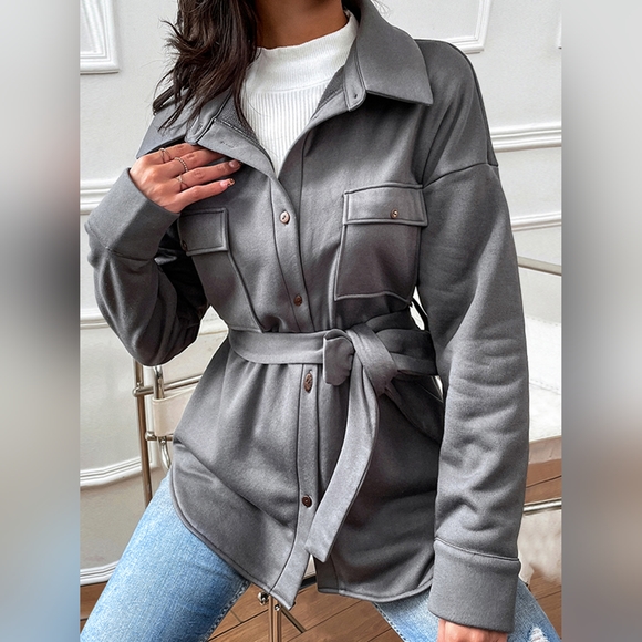 Jackets & Blazers - Women's Gray Boutique Button Down Tie Dropped Shoulder Warm Coat 20% OFF